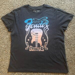Fender Black Tee with Guitar and Blue-Orange Design